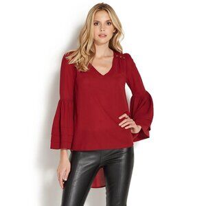 🌹 Red High-Low Hem Bell Sleeves V-Neck Tunic Shirt